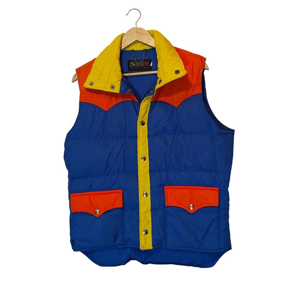 Vintage Sears Sports Center Puffer Vest Colorblock Blue Yellow Orange